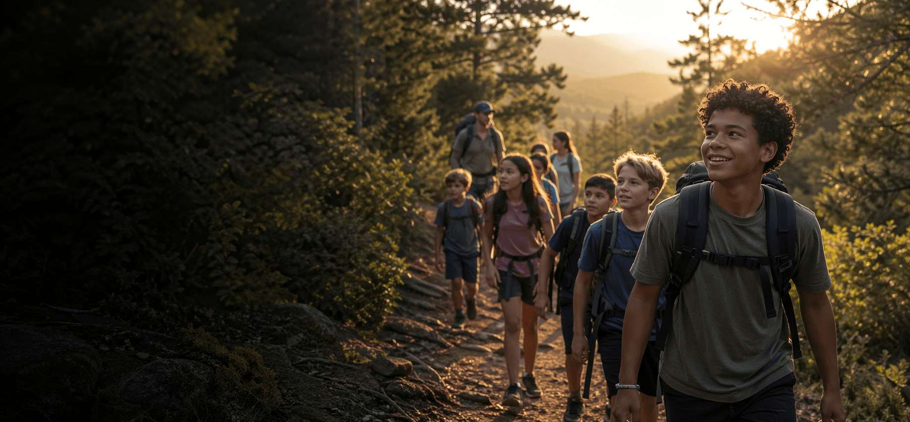 Pathfinder youth hiking together through the woods at golden hour