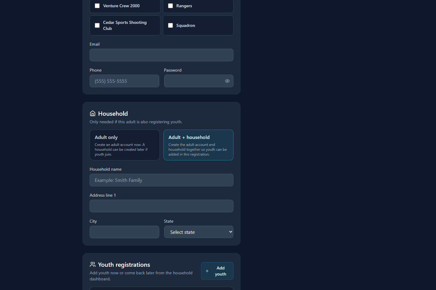 Pathfinder registration page showing the Add youth button.