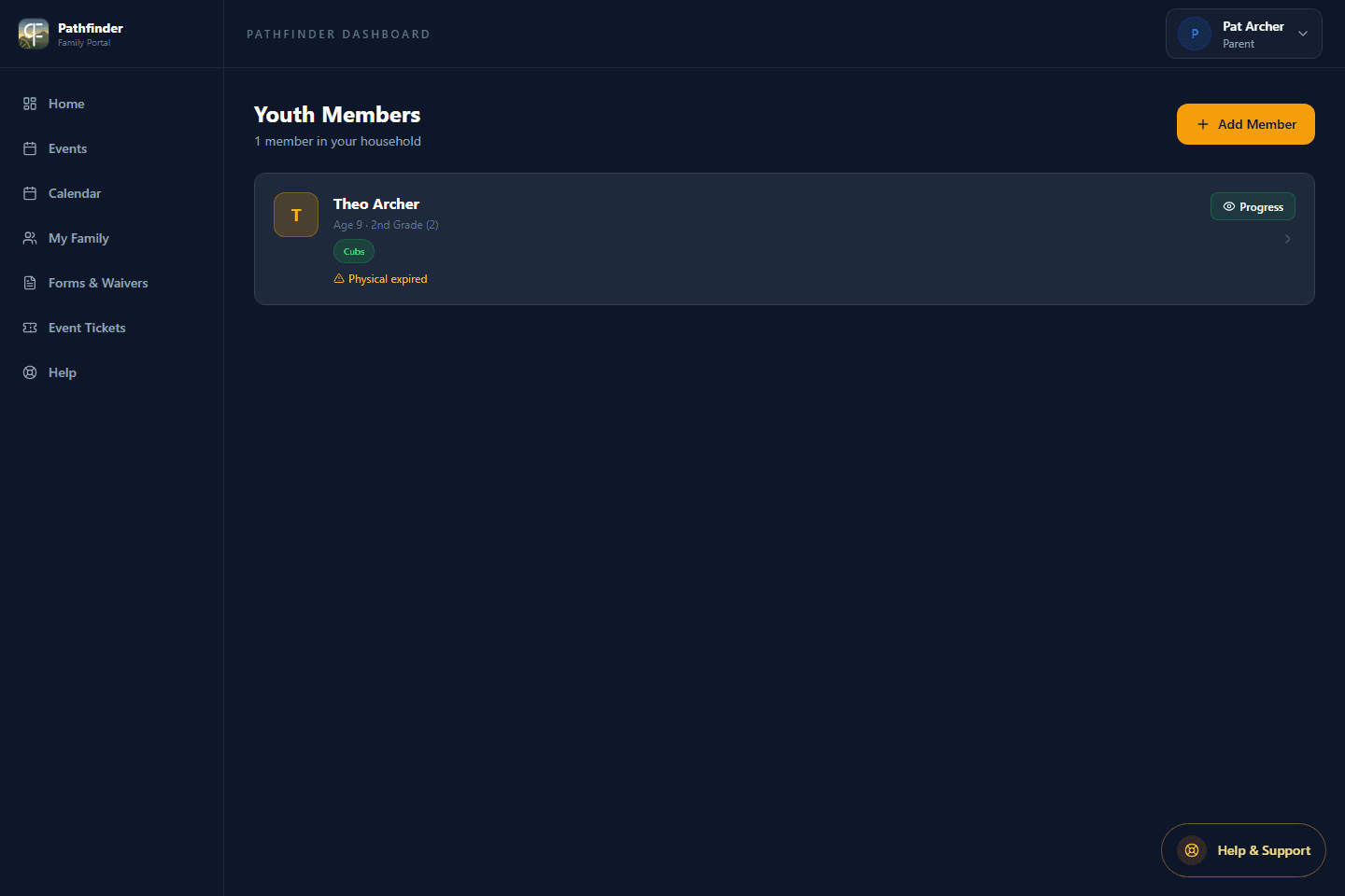 My Family screen in the Pathfinder family portal.