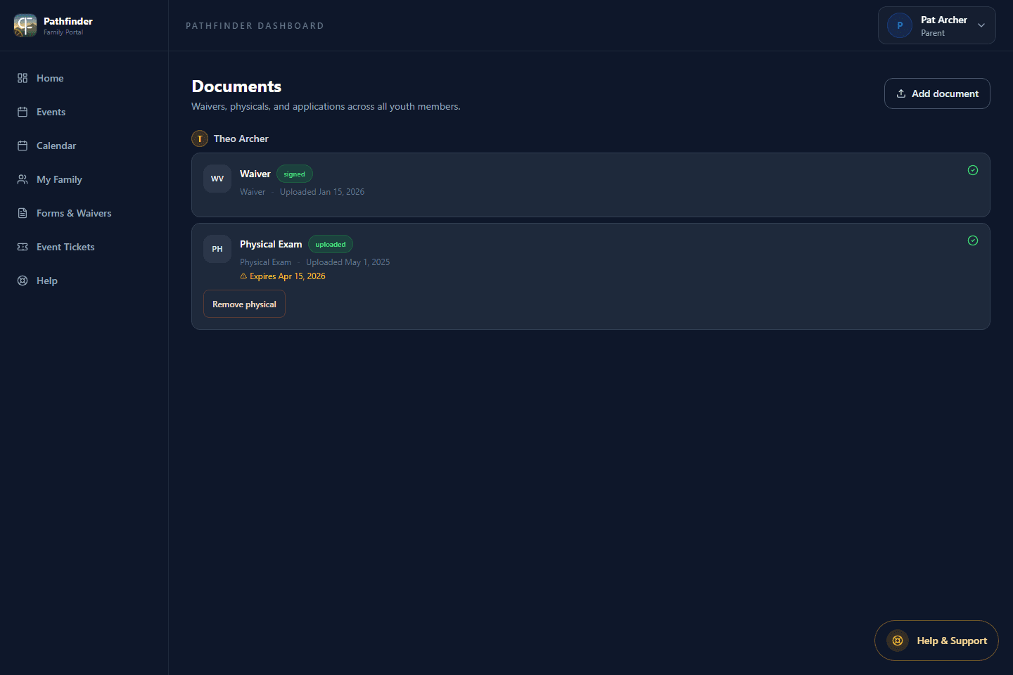 Forms & Waivers screen in the Pathfinder family portal.